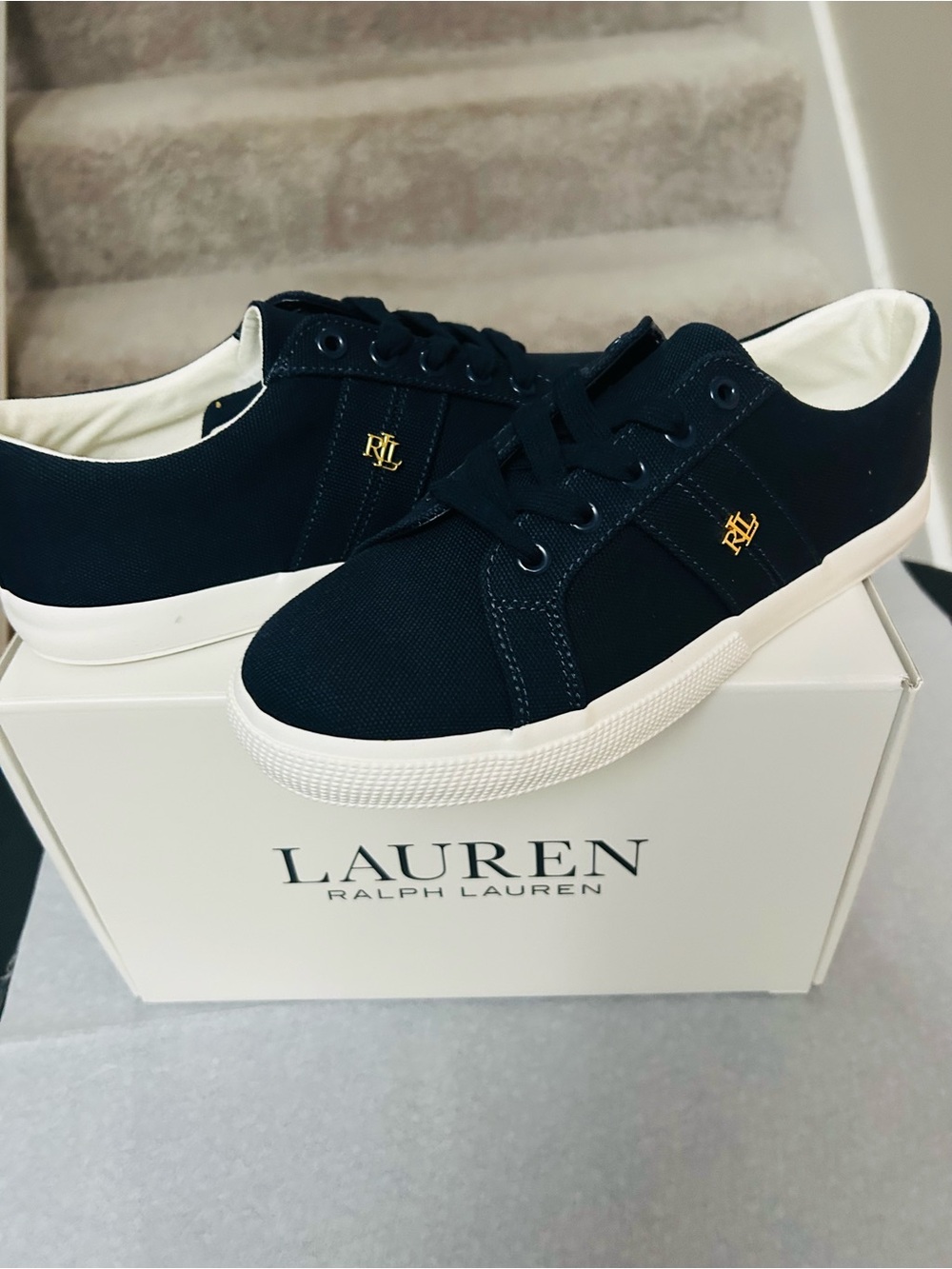 Lauren Ralph Lauren Women’s Navy Canvas Low-Top Sneakers with Gold RL Accent